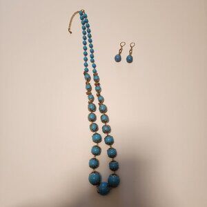 Vintage-Style Blue Beaded Necklace and Matching Earrings with Gold Accents